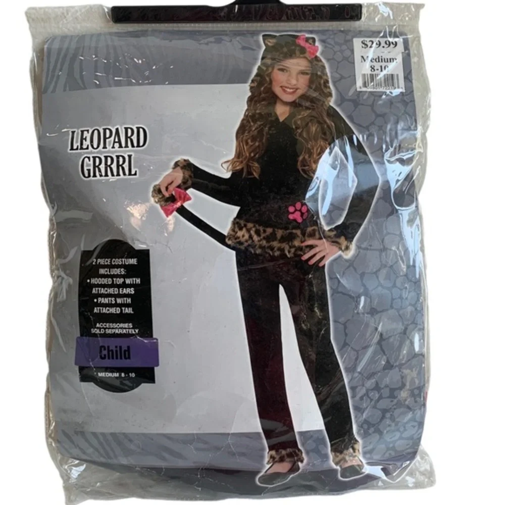 CostumesUSA Leopard GRRRL child costume medium 8-10, 2 piece, faux fur, tail NWT